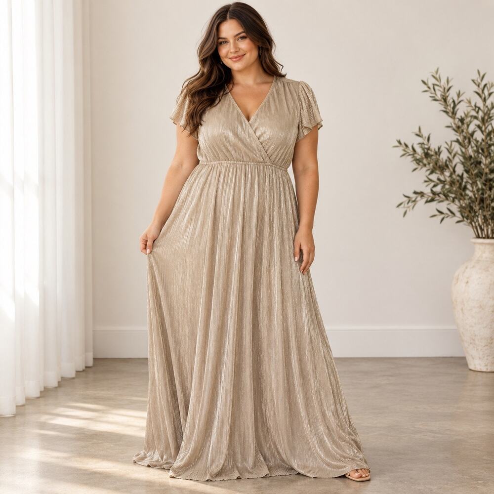 Baltic Born XXL Champagne Gold Pleated Maxi Dress Flutter Sleeve Formal Gown